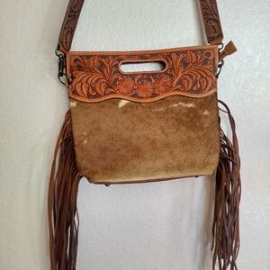 American Darling Cowhide Fringe Tooled Leather Western Crossbody Purse